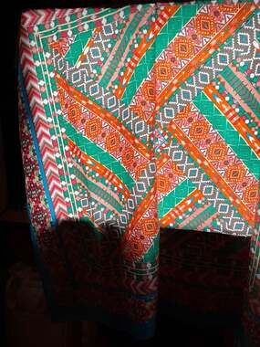 Geometric Tribal Pattern Silk-Feel Square Scarf with Turquoise Border